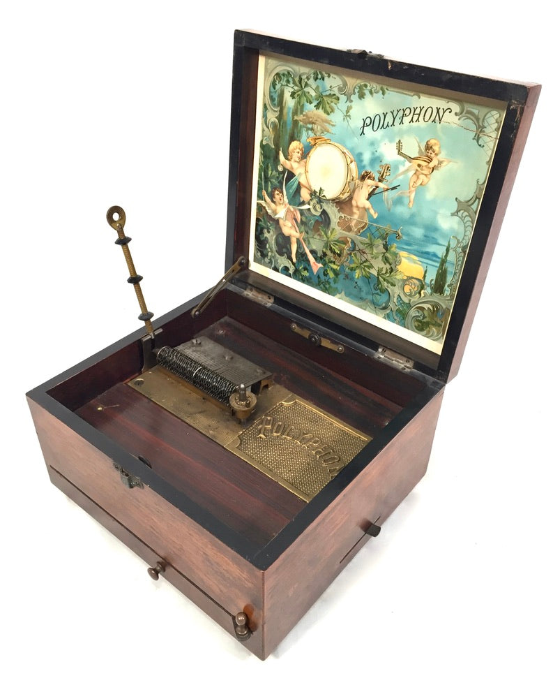 Antique Tabletop Wooden Walnut Cased Polyphon Music Box / Working Discs c.1901