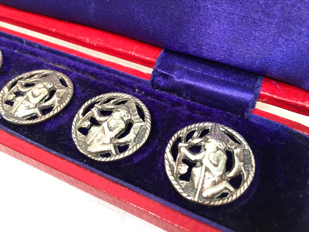 Antique Art Nouveau Sterling Silver Hallmarked Dress Buttons in Case / Complete