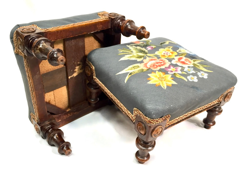 Antique Pair of Wooden Edwardian Floral Needlepoint Footstools / Feet Rests 1910