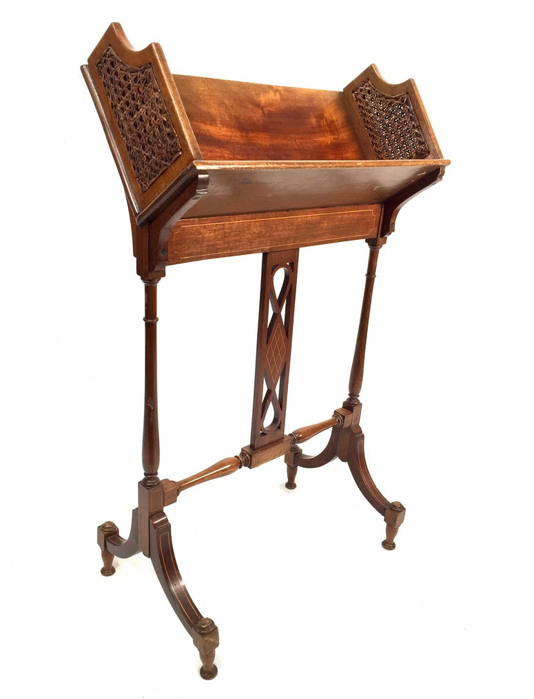 Antique Edwardian Mahogany Wooden Book Trough Display Stand Shelf Cane Panels