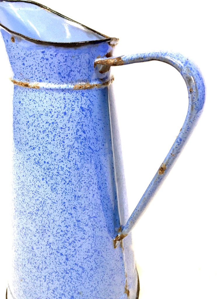 Antique Large Farmhouse Rustic Style Blue Mottled Enamel Pitcher / Flower Jug