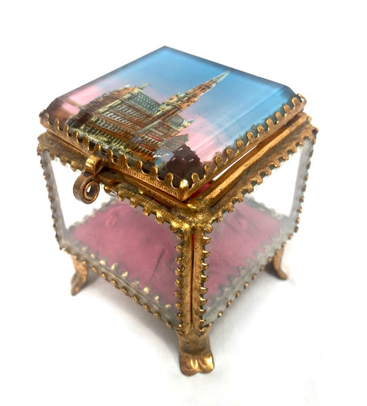 Antique Brussels Souvenir Miniature Casket / Glass Ring Box / Jewellery Box