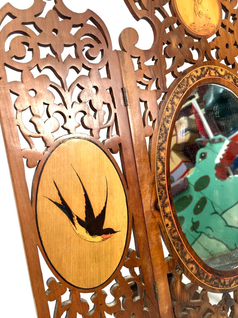 Antique Tabletop Hand Carved Wooden Sorrento Ware Triptych Vanity Mirror c.1900