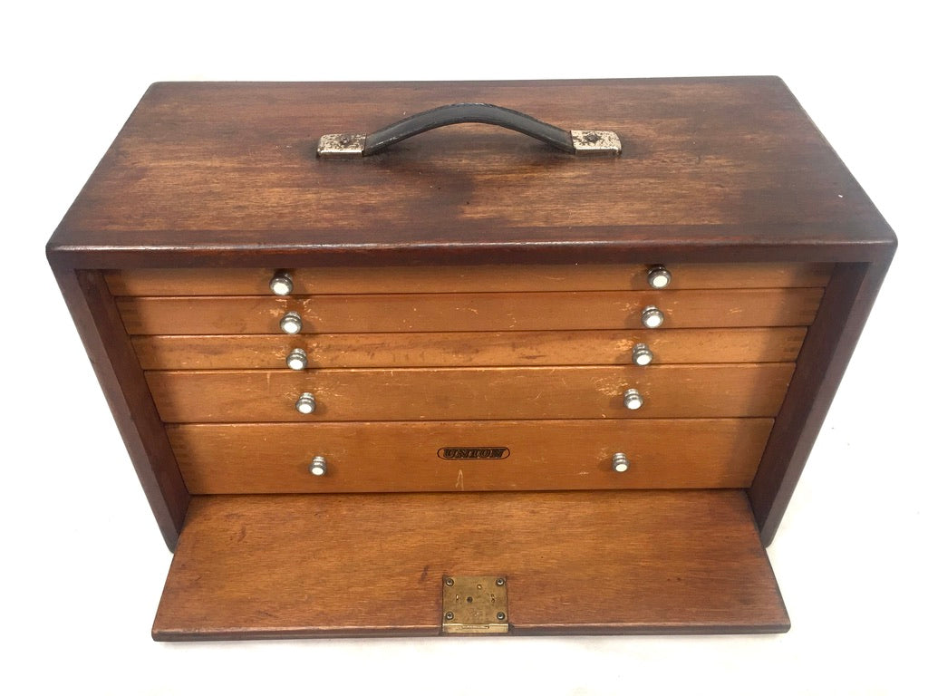 Antique Wooden Union Engineers Toolbox / Tool Box Collectors Cabinet with Key