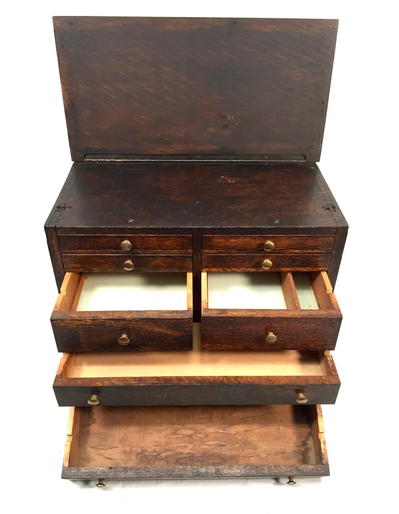 Antique Tabletop Wooden Tool Chest / Collectors Drawers Storage Box c.1900
