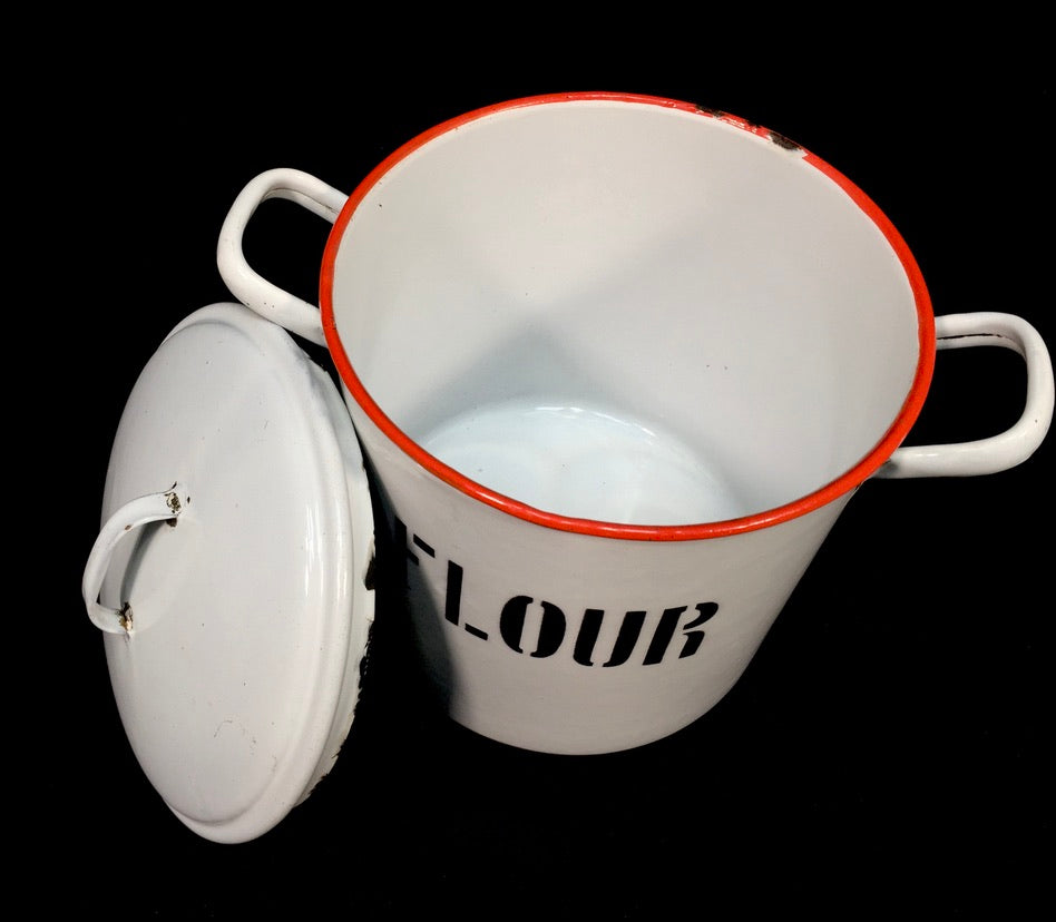 Antique Kitchenalia - White & Red Enamel Flour Bin with Lid Storage Box c.1950
