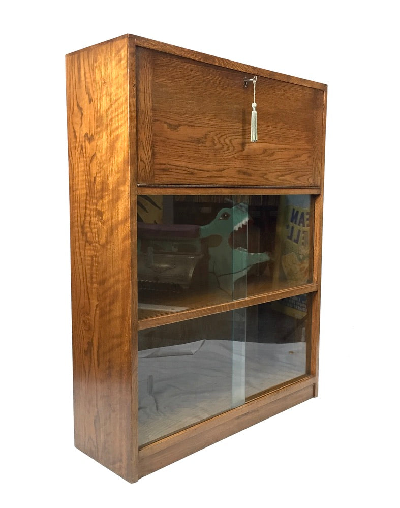 Antique Wooden Oak Bookcase Shelf and Bureau Combination / Mid Century / Key