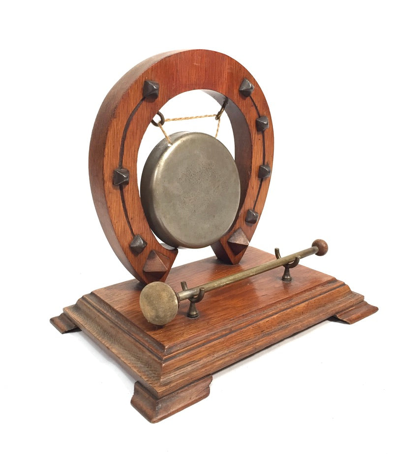 Antique Brass Gong with Lucky Horseshoe – Wooden Oak Stand & Mallet Vintage