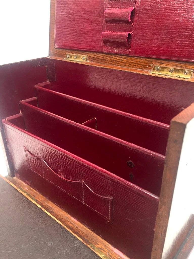 Antique Victorian Oak Wooden Desktop Stationery Box / Cabinet Writing Slope 1900