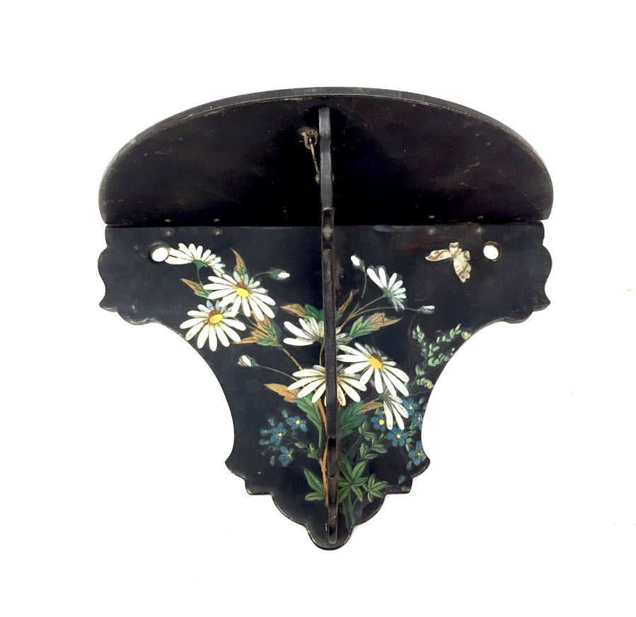 Antique Victorian Black Ebonised Wooden Hand Painted Folding Wall Shelf c.1900