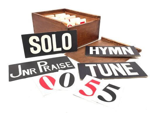 Antique Hymn Board Numbers & Title Cards in Wooden Storage Box with lid