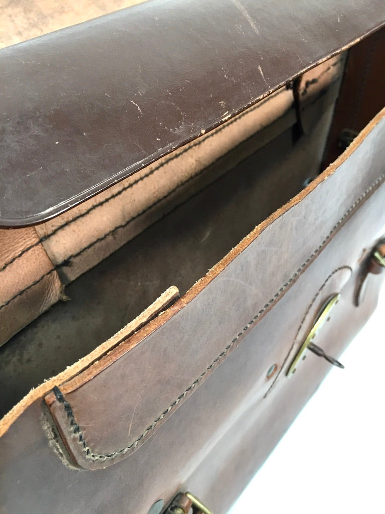 Antique Mid 20th Century Brown Leather Lloyds Bank Briefcase Bag With Key c1950
