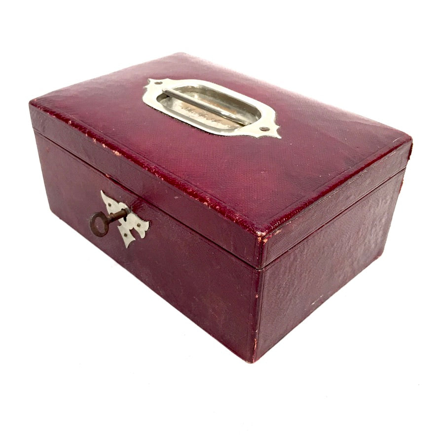 Antique Edwardian Leather Tabletop Cash Box / Jewellery Cabinet with Key c.1910