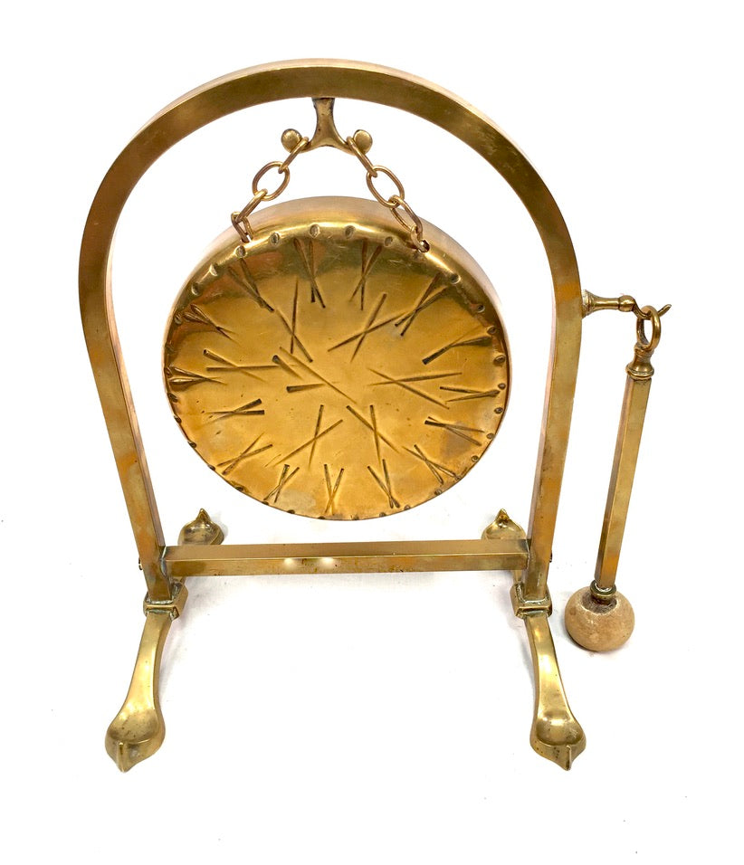 Vintage Tabletop Solid Brass Dinner Gong Stand & Mallet / Antique c.1950
