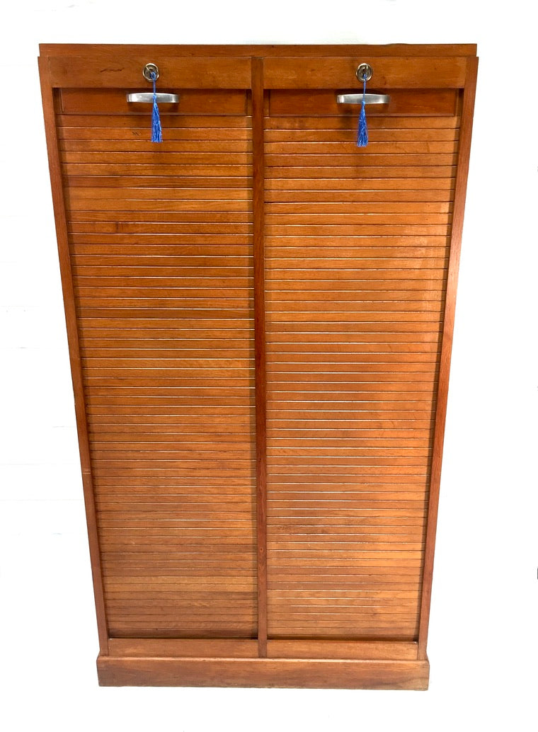 Antique 1950s Wood Oak Double Tambour Fronted Office Paper Filing Cabinet & Keys