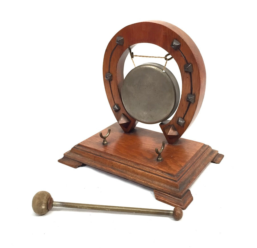 Antique Brass Gong with Lucky Horseshoe – Wooden Oak Stand & Mallet Vintage