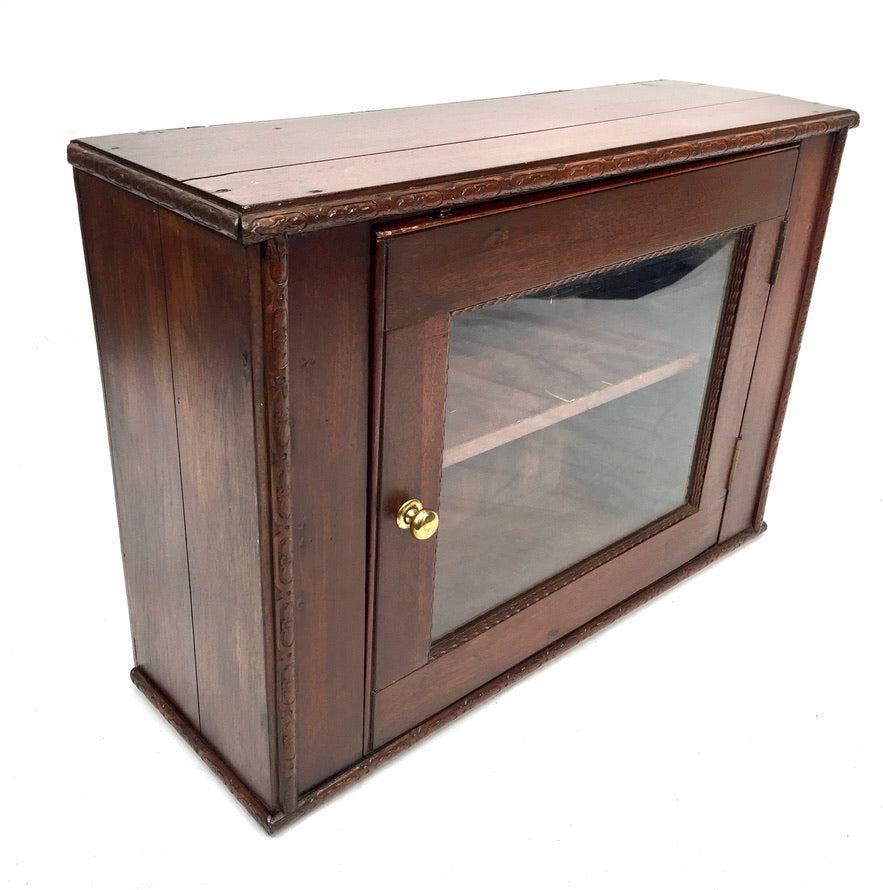 Antique Wooden & Glass Fronted Tabletop Cupboard / Wall Storage Box Cabinet