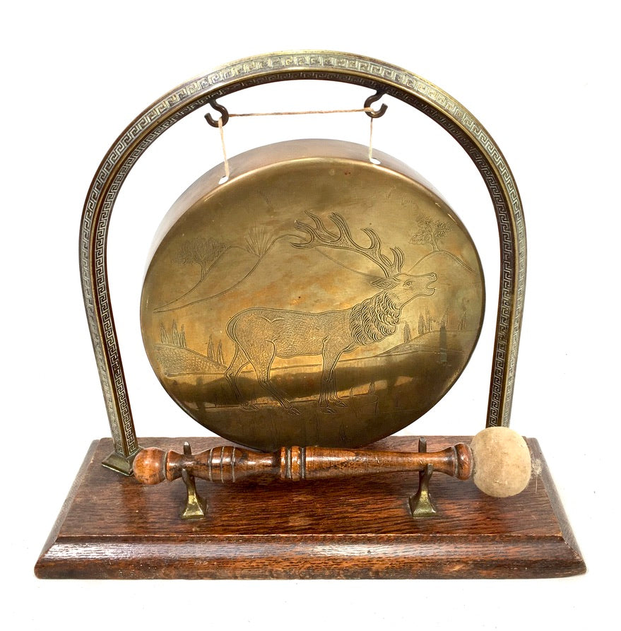Vintage Tabletop Stag Design Brass Dinner Gong Oak Stand & Mallet Antique c.1950