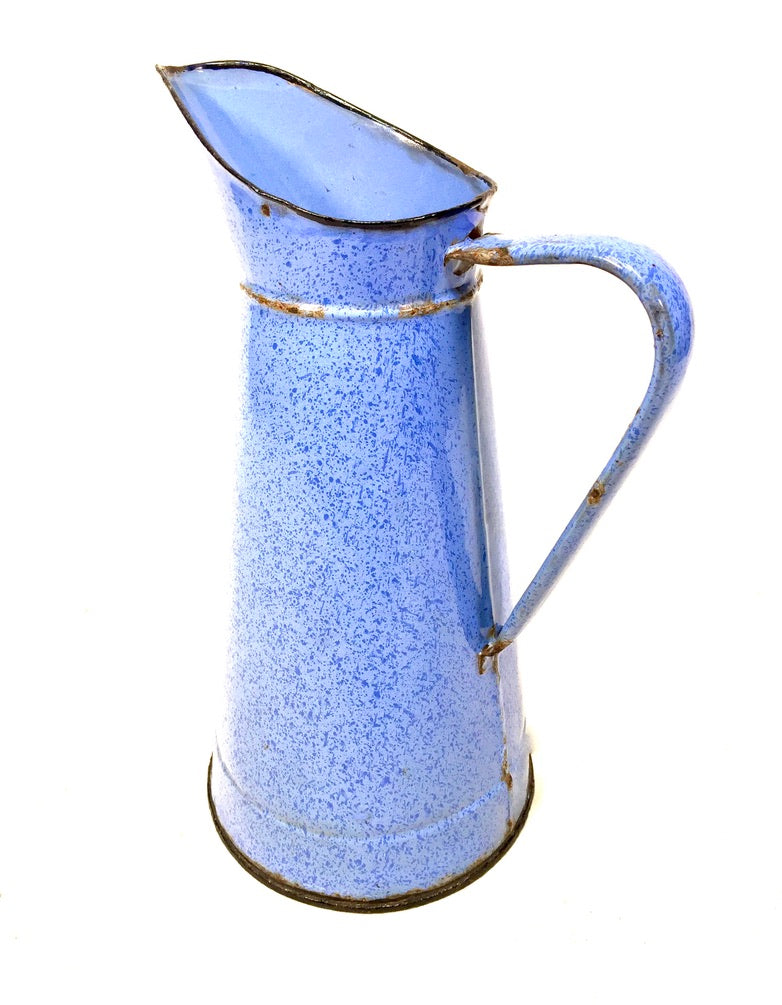 Antique Large Farmhouse Rustic Style Blue Mottled Enamel Pitcher / Flower Jug