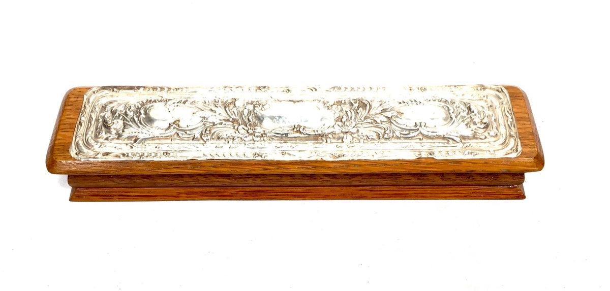 Antique Wooden Oak & Silver Hand Fan Storage Box Trinket Hallmarked Chester 1909