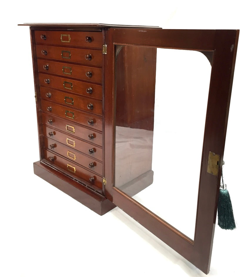 Antique Victorian Mahogany & Glass Specimen Collectors Filing Drawer Cabinet