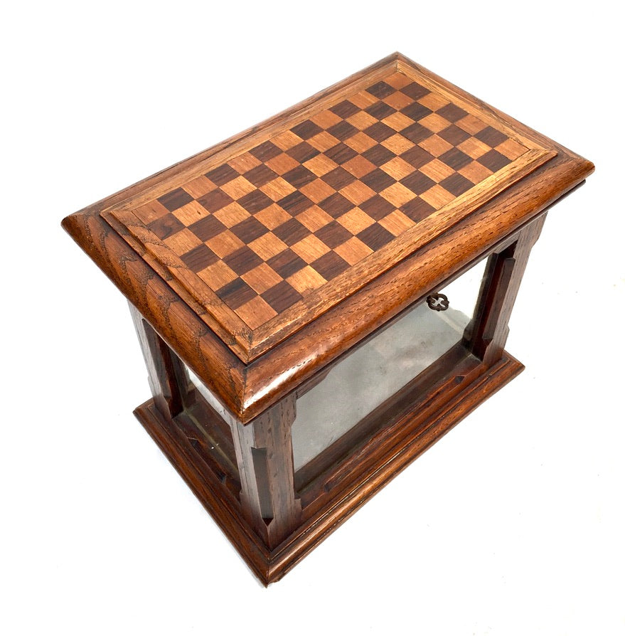 Antique Wooden Oak & Glass Display Box Cabinet / Checkerboard Inlaid Top c.1930