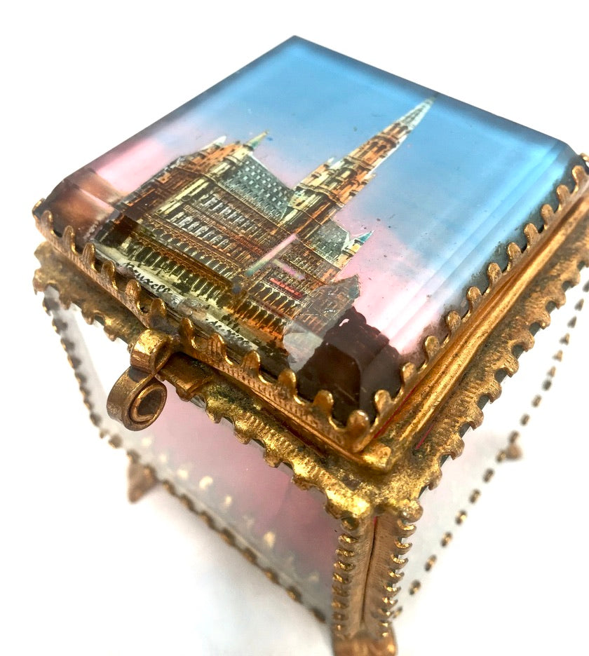 Antique Brussels Souvenir Miniature Casket / Glass Ring Box / Jewellery Box