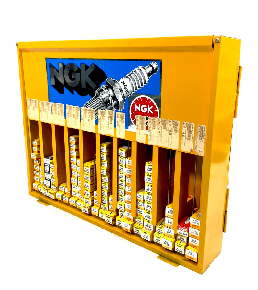 Vintage Advertising - NGK Yellow Metal Garage Silent Salesmen Spark Plug Cabinet