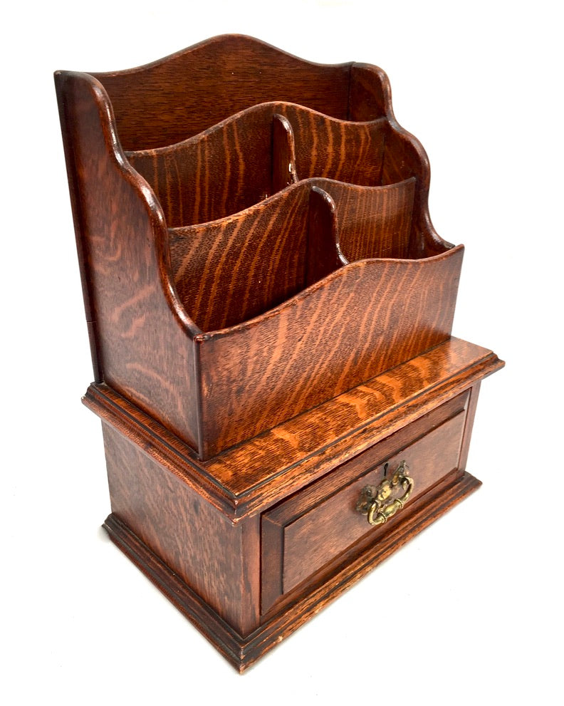 Antique Edwardian Wooden Oak Desk Organiser Letter Rack and Storage Drawer c1900