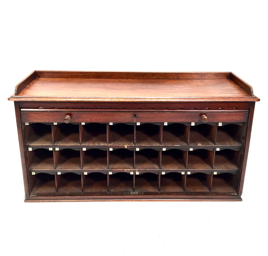 Antique Wooden Tambour Fronted Cabinet Pigeon Hole Stationery Box with Key c1930