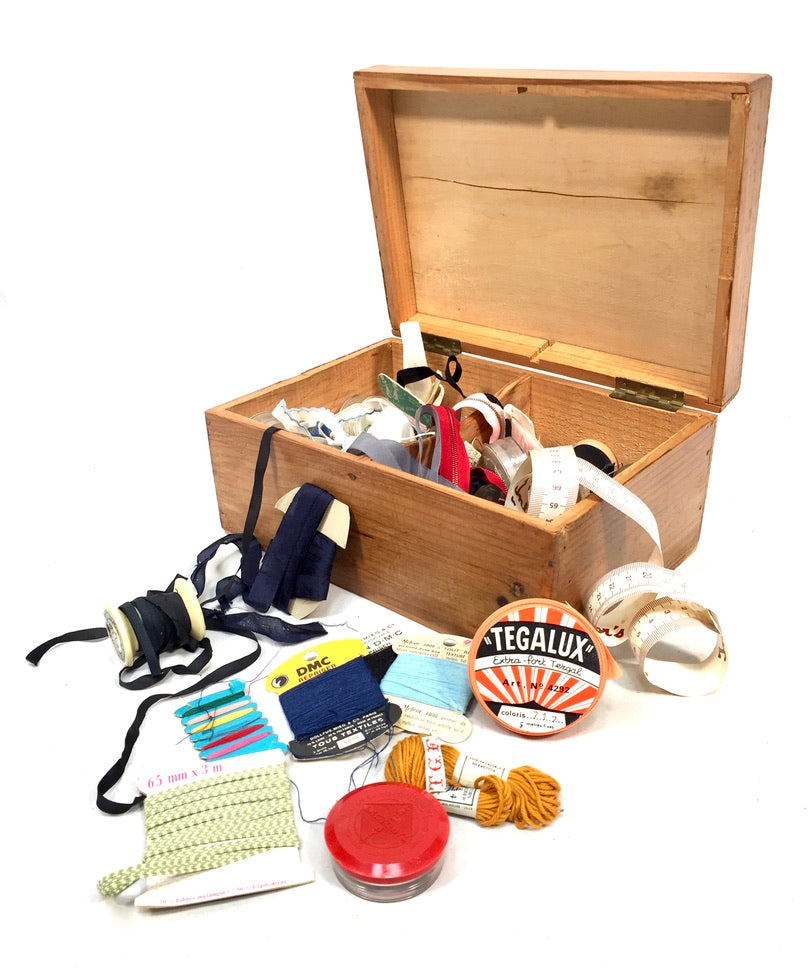 Antique Wood Storage Box with Haberdashery Sewing Collectable Items 20th Century