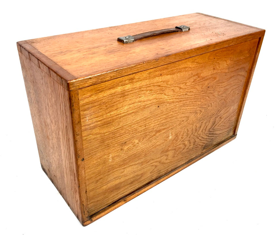 Antique Wooden Oak Engineers Toolbox / Tool Box Collectors Cabinet & Key c.1950