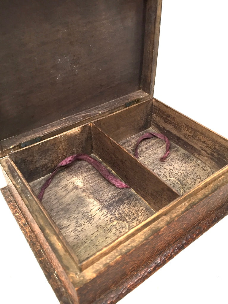 Antique Wood & Pewter Storage Box / Trinket Jewellery Box / Blue Cabochon c.1930