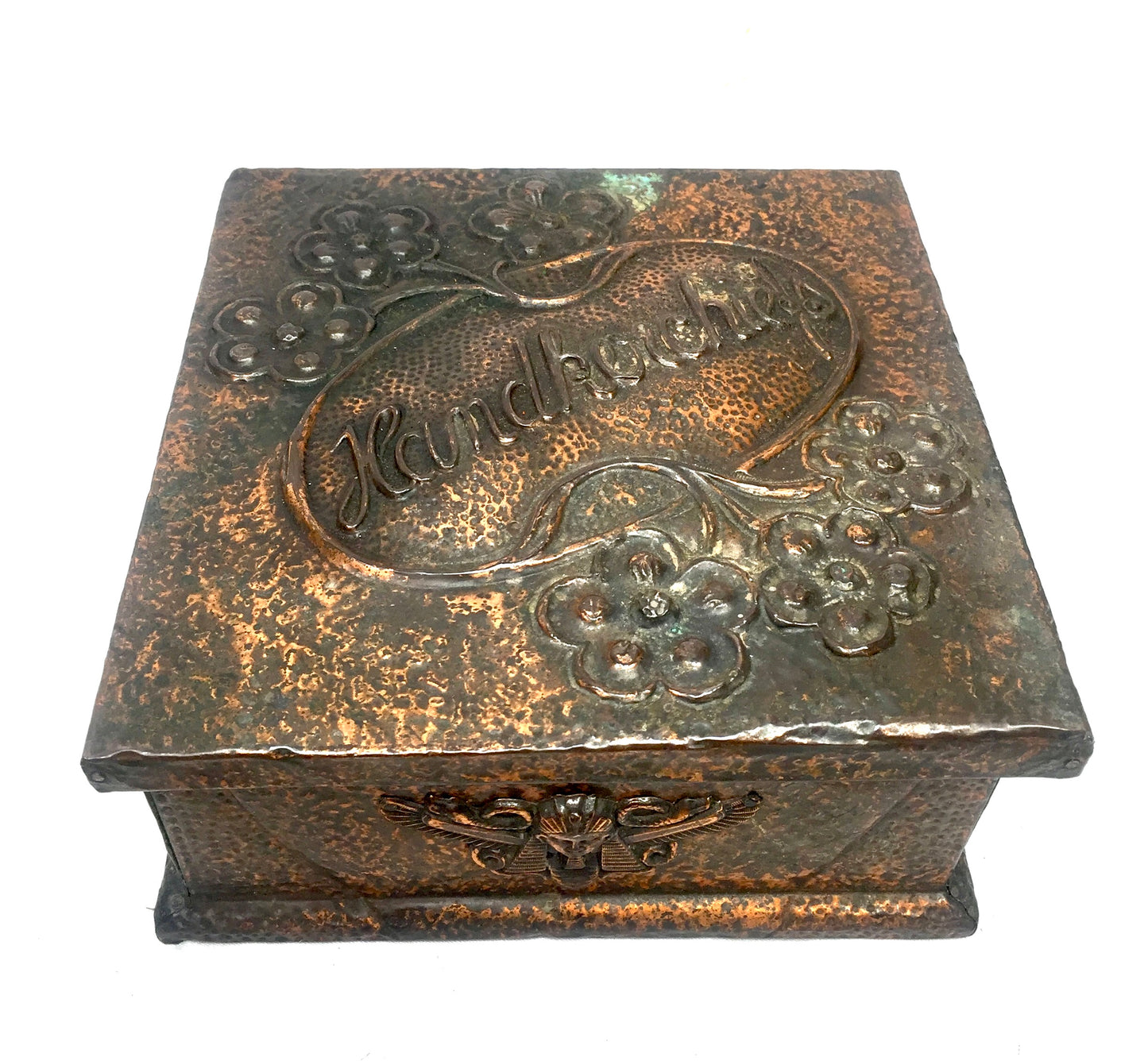 Antique Arts & Crafts Repousse & Hammered Copper Handkerchief Box c.1930
