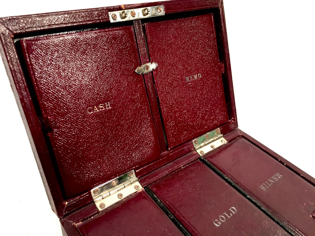 Antique Edwardian Leather Tabletop Cash Box / Jewellery Cabinet with Key c.1910