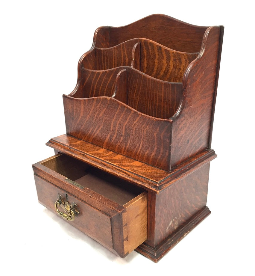 Antique Edwardian Wooden Oak Desk Organiser Letter Rack and Storage Drawer c1900
