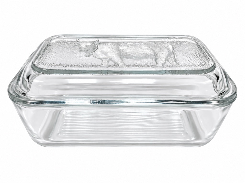Vintage Kitchenalia - Glass Butter Dish & Lid Featuring Embossed Cow Design