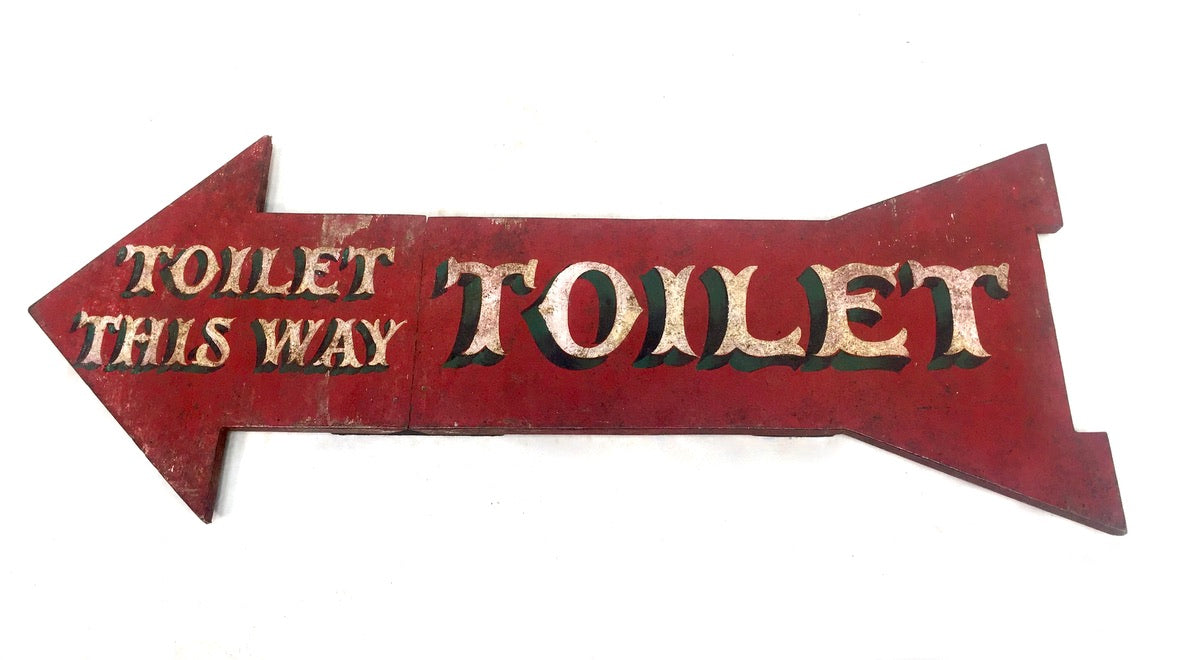 Vintage Wooden Hand Painted on Boards Red & White Toilet This Way Sign Arrow