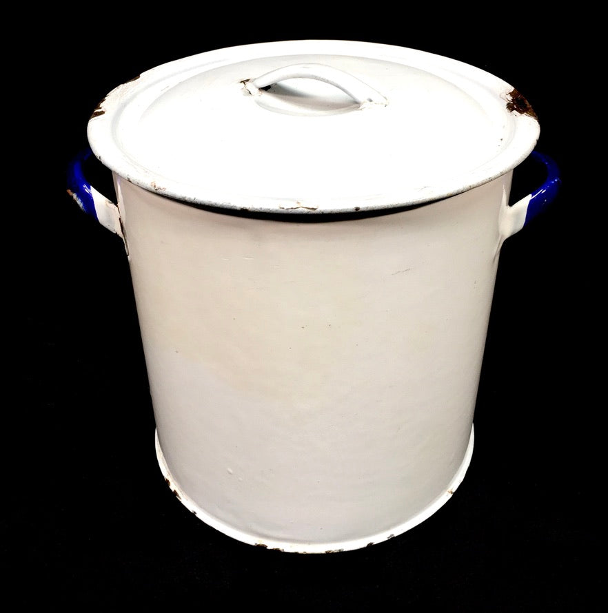 Antique Kitchenalia White & Blue Large Enamel Flour Bin & Lid Storage Box c.1950