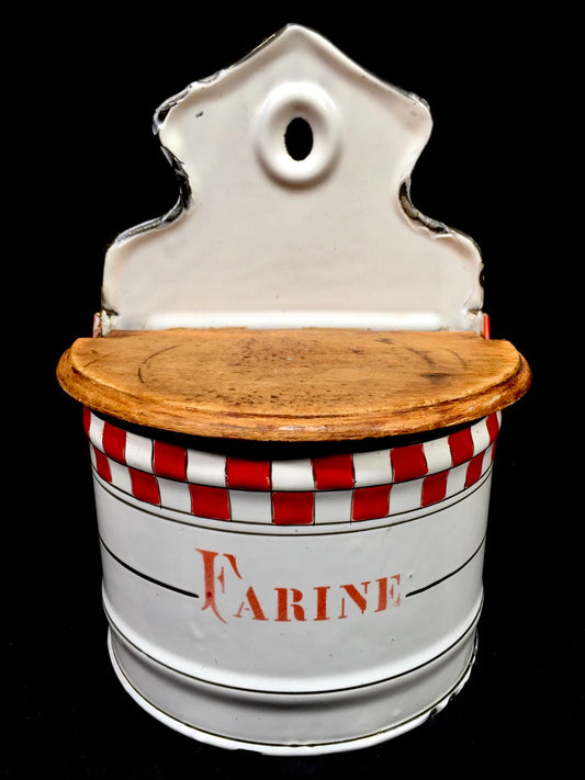 Antique Kitchenalia French Wall Mounted Enamel Red & White Enamel Flour Bin Box