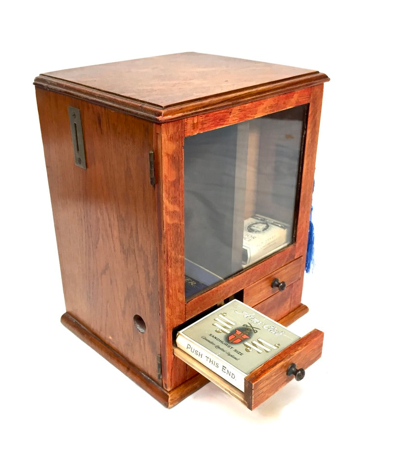 Antique Advertising - Wooden Tabletop Coin Operated Cigarette Vending Machine