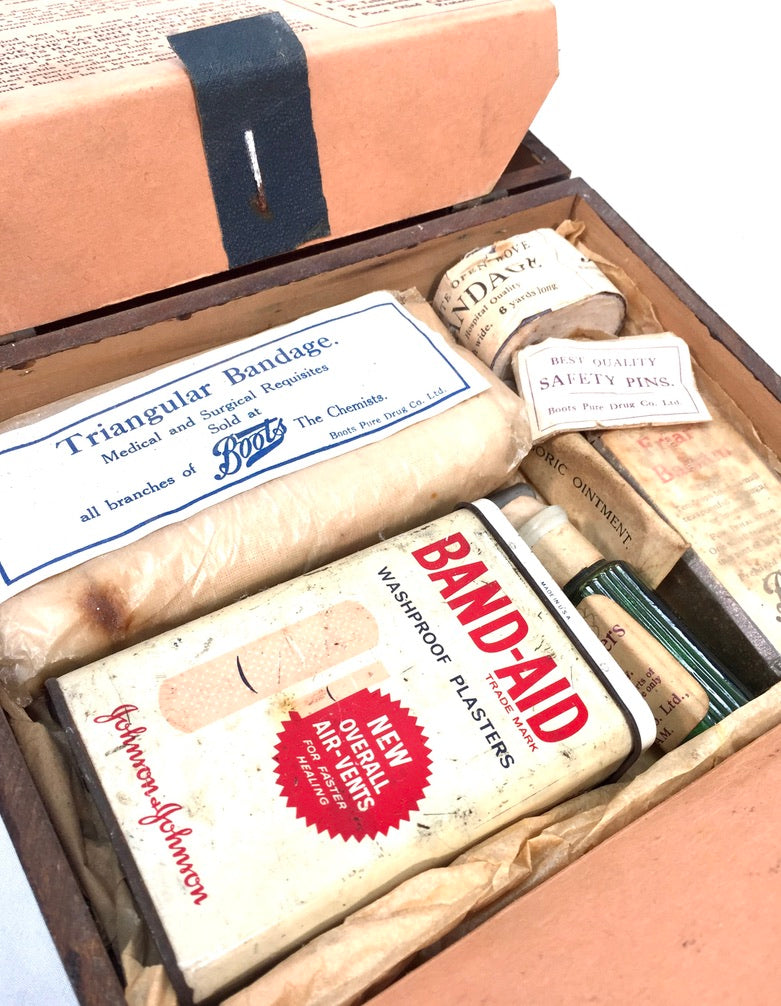 Antique Wooden Boots The Home First Aid Box & Full Contents Apothecary