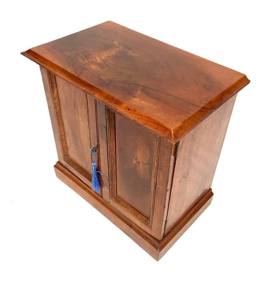 Antique Wooden Walnut Tabletop Cabinet Storage Box Desk Organiser & Key c.1930