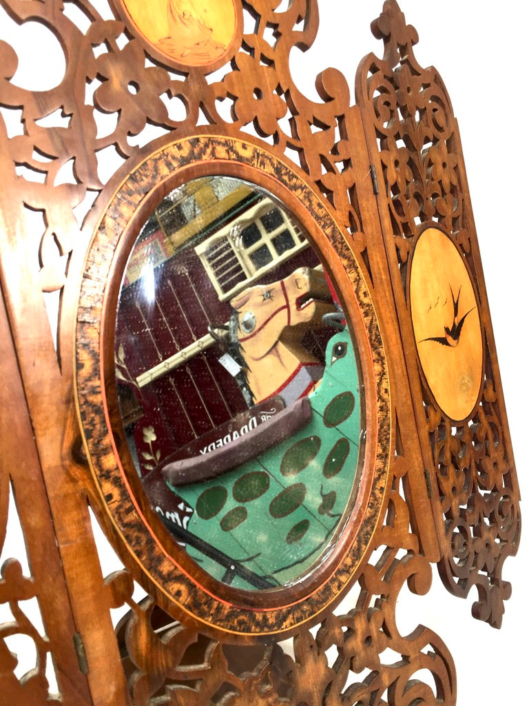 Antique Tabletop Hand Carved Wooden Sorrento Ware Triptych Vanity Mirror c.1900