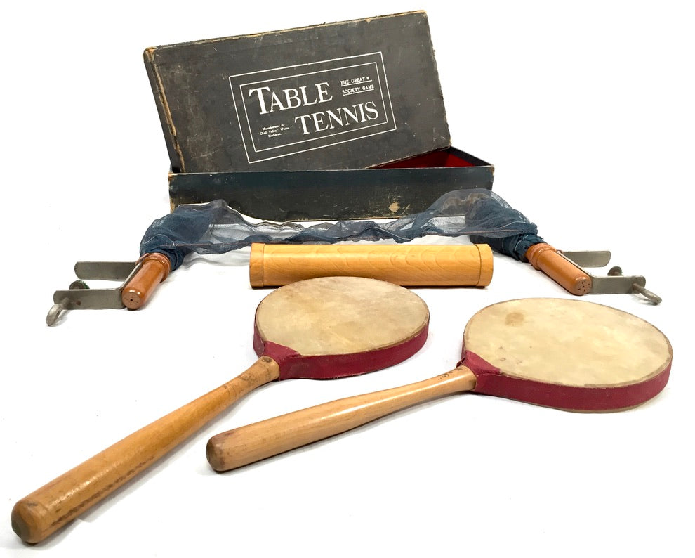 Antique 20th Century Tabletop Vellum Table Tennis Bats Parlour Game Original Box