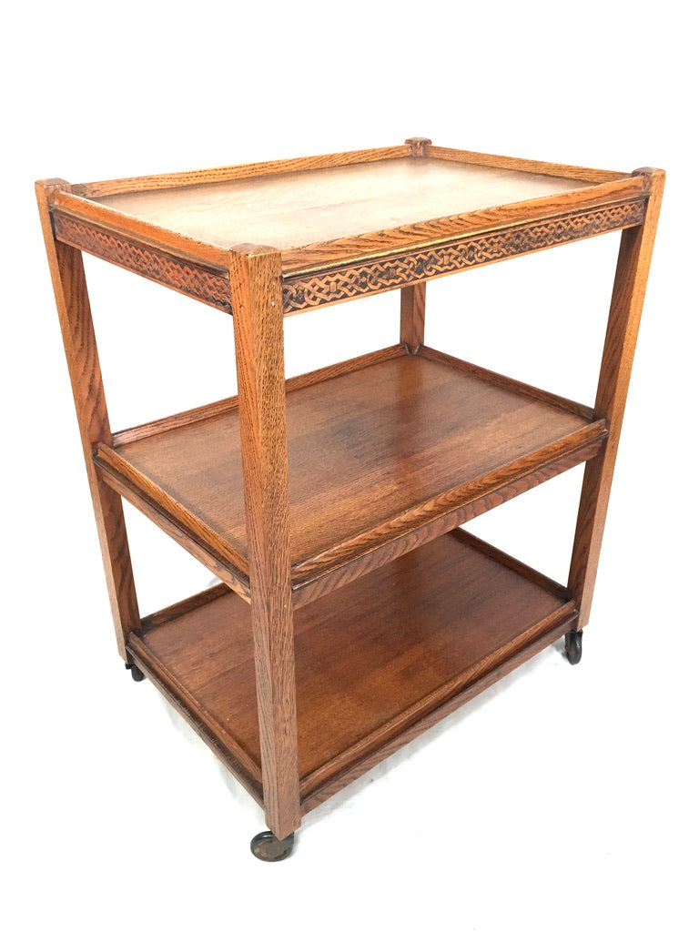 Antique Arts & Crafts Wooden Oak Tea Trolley / Bar Cart Side Table c.1930