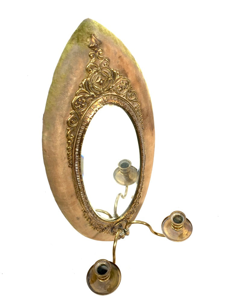 Antique Brass & Fabric Wall Mounted Mirror / Double Candle Holder Sconce c.1900