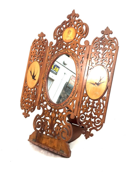 Antique Tabletop Hand Carved Wooden Sorrento Ware Triptych Vanity Mirror c.1900