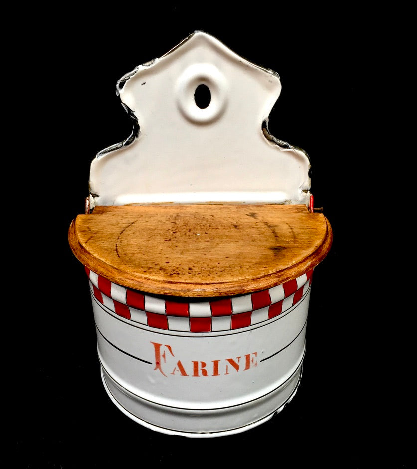 Antique Kitchenalia French Wall Mounted Enamel Red & White Enamel Flour Bin Box