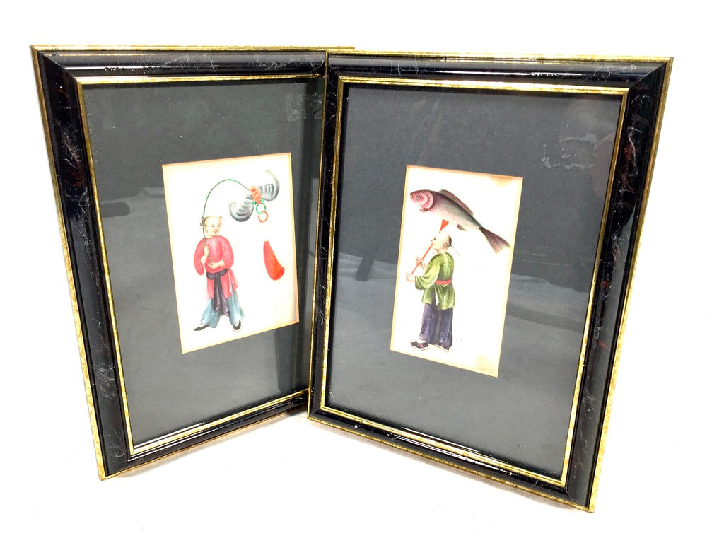 Antique Hand Painted Watercolour Framed Paintings on Rice / Pith Paper c.1900